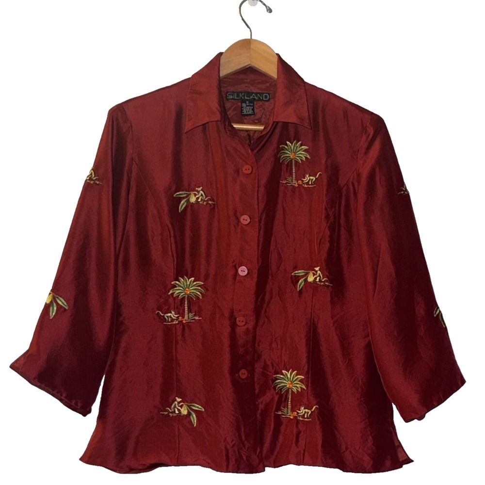 SILKLAND Silk Blazer‎ Maroon Tropical Monkey Embroidered Jacket Size 10 Artsy